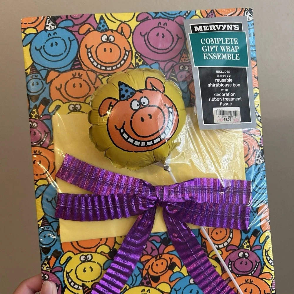 Vintage Complete Gift Wrap Ensemble Colorful Pig Mervyns - Birthday gift Wrap
